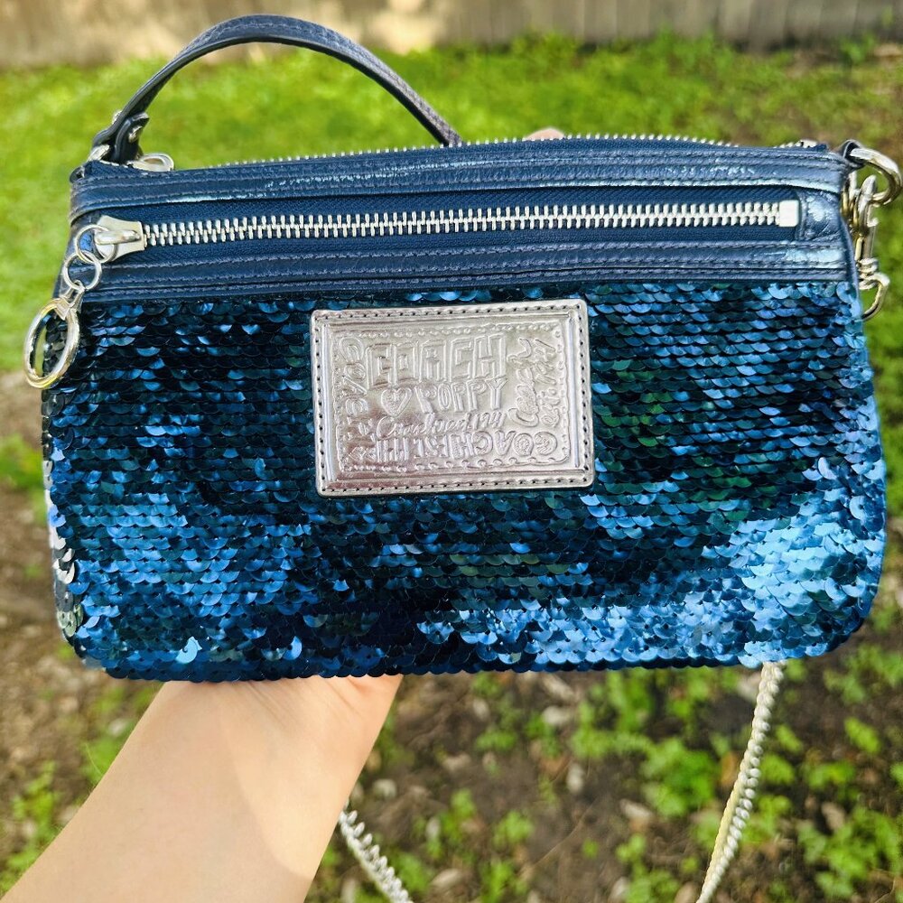 VTG Y2K Coach XL Poppy Sequin Wristlet Sapphire Blue Sparkle Purse Wallet - Picture 1 of 16
